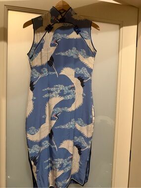 Avanti silk Sleeveless Crane Print Cheongsam Dress - Blue